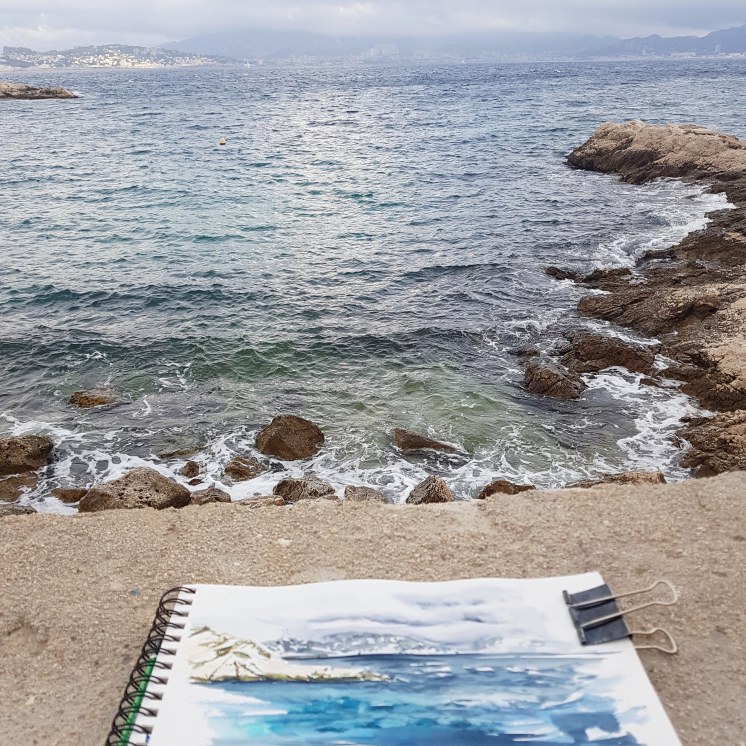 croquis aquarelle, carnet de voyage île du Frioul, Parc des Calanques de Marseille Aude Berliner Créa au Mont d'OR